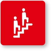 crtež prikazuje dvoje ljudi kako se penju stepenicama na crvenoj pozadini
