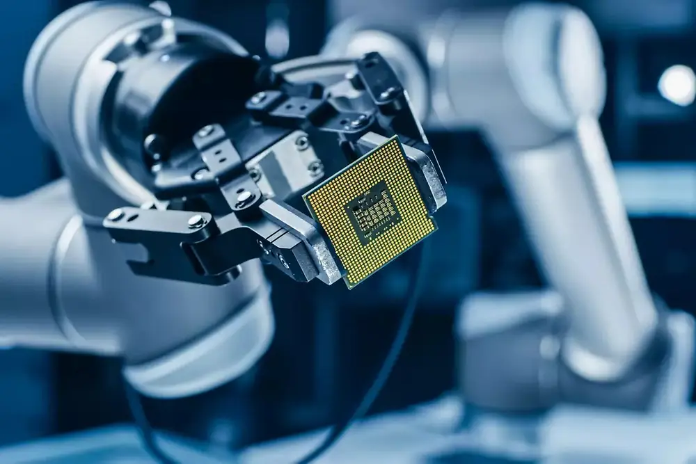 Robotska ruka upravlja automatiziranim strojem u okruženju proizvodnje poluvodiča.